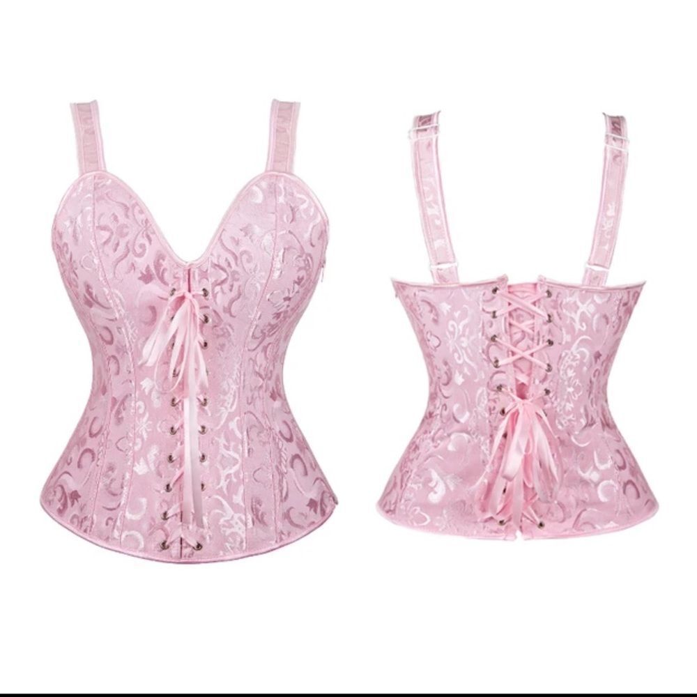 Sexy Pink Satin Corset Bustier With Straps Jacquard Overbust Corselete